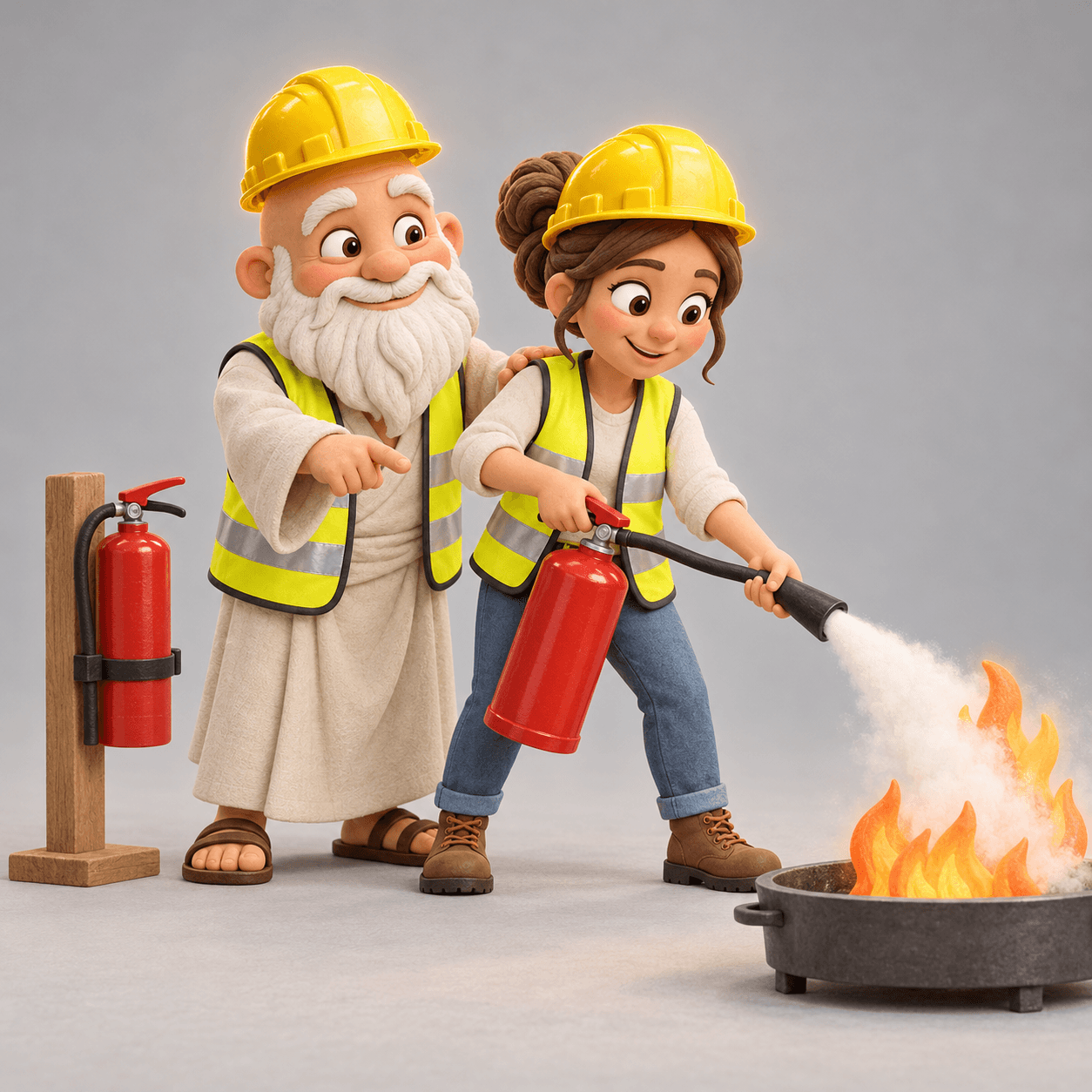 Der Arbeitsschutz-Guru zeigt einer Beschäftigten bei einer Löschübung, wie sie den Feuerlöscher auf das Feuer in einer Übungswanne richtet